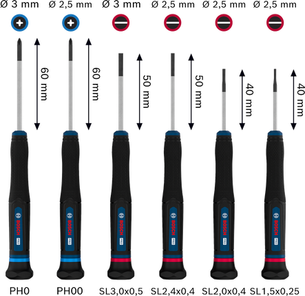 Jeu de tournevis de précision Bosch PRO PH/SL, 6 pièces avec poignées anti-roulis à code couleur.