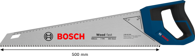 Scie à main Bosch 500 mm 7 TPI pour une coupe rapide du bois.