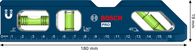 Niveau à bulle Bosch PRO Billet Torpedo 180 mm avec base magnétique.