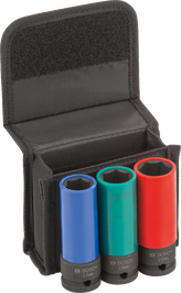 Bosch impact socket set with 17, 19, 21mm sizes.