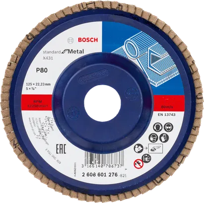 Bosch X431 flap disc for metal, grit 80, 125 mm diameter.