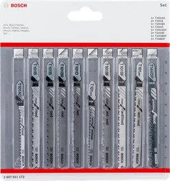 Bosch 10-piece T-Shank jigsaw blade set.