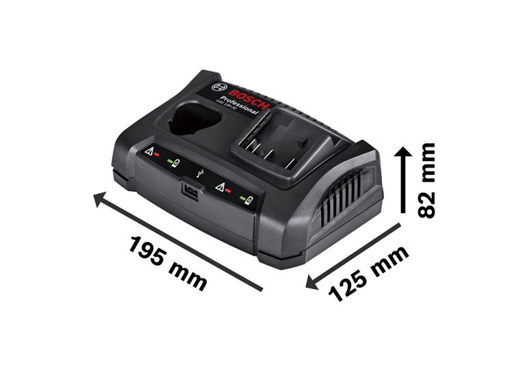 Bosch GAX 18V-30 charger with dimensions shown.