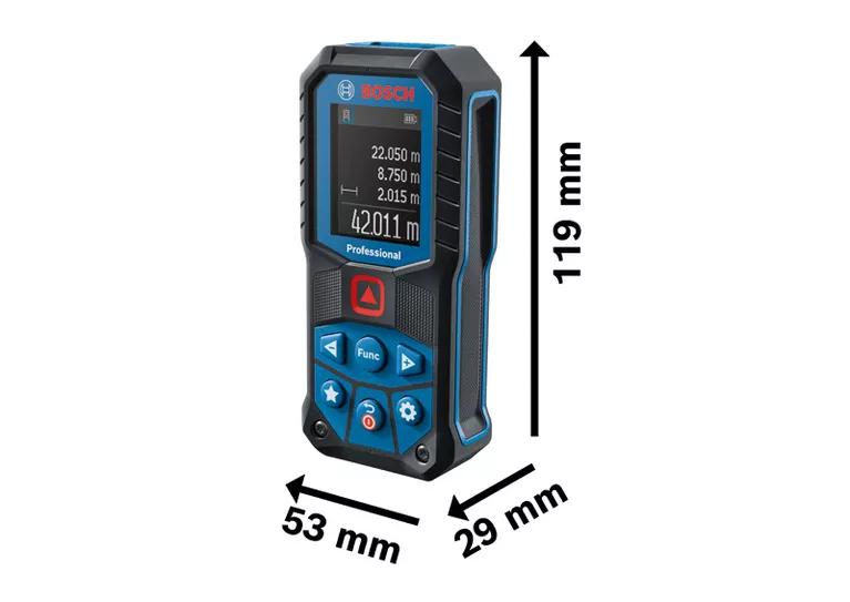 Bosch GLM 50-22 laser measure with dimensions shown.