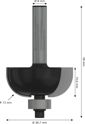 Bosch PRO Router Bit Cove R12 with 8 mm shank.