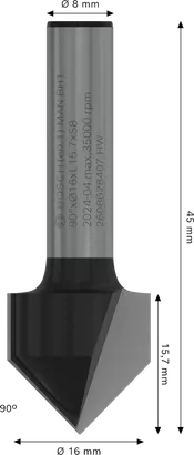 Bosch PRO Router Bit V-Groove 90°, 16 mm diameter.