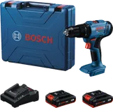 Bosch GSB 18V-45 cordless drill set with batteries and charger.