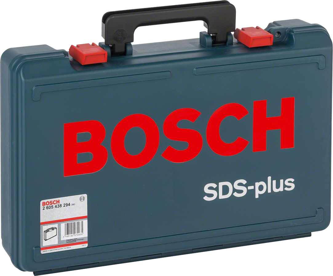 Estojo em plástico Bosch SDS-plus com pega e fechos vermelhos.