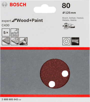 Lixas Bosch C430 de 125 mm, grão 80, embalagem de 5 unidades.
