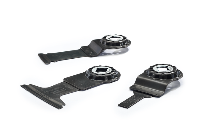 Conjunto Bosch Starlock com três lâminas de serra multiferramenta.