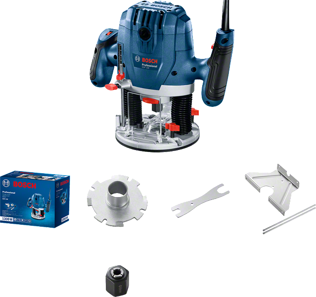 Fresadora Bosch GOF 130 com acessórios para marcenaria.