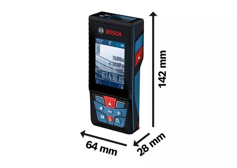 Medidor laser Bosch GLM 150-27 C com as dimensões indicadas.