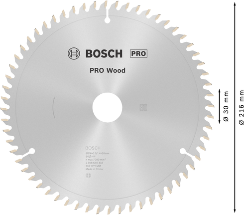 Lâmina de serra circular Bosch PRO Wood 216 mm T60 para cortes limpos em madeira.