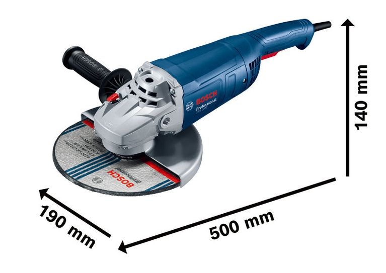 Rebarbadora Bosch GWS 2000 com dimensões de tamanho.