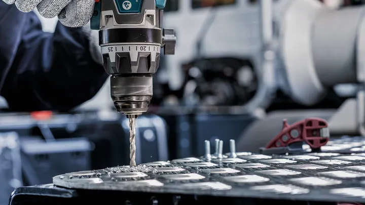 Uma pessoa que use equipamento de segurança faz furos numa chapa de metal.