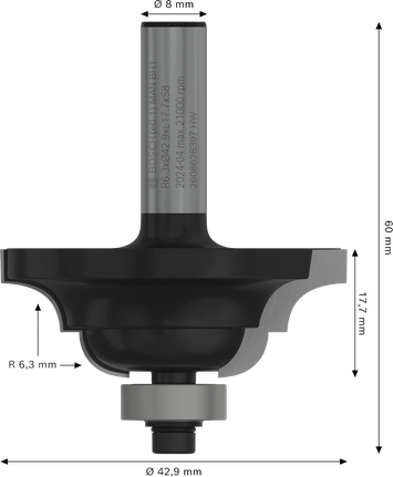Broca de tupia Bosch PRO com ponta e filete de 6,3 mm de raio.