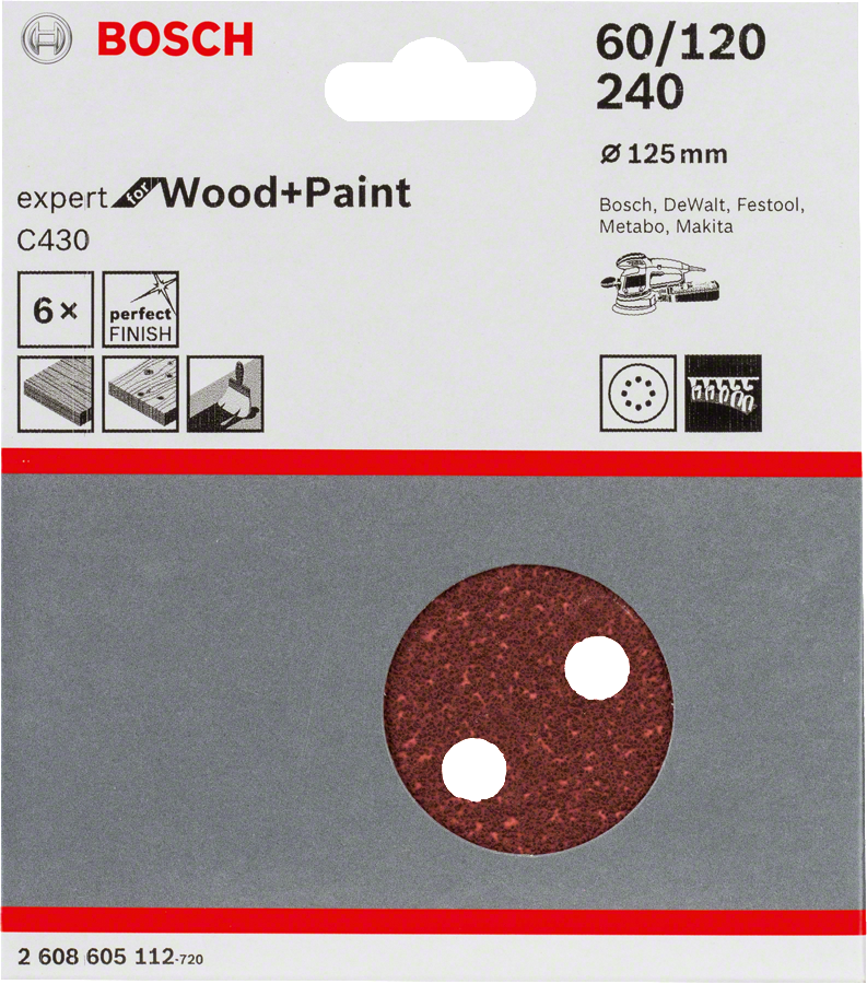 Paquete de 6 hojas de lija Bosch C430 para madera y pintura.