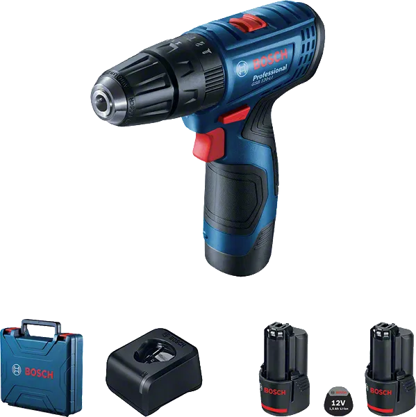 Taladro inalámbrico Bosch GSB 120-LI con maletín y baterías.