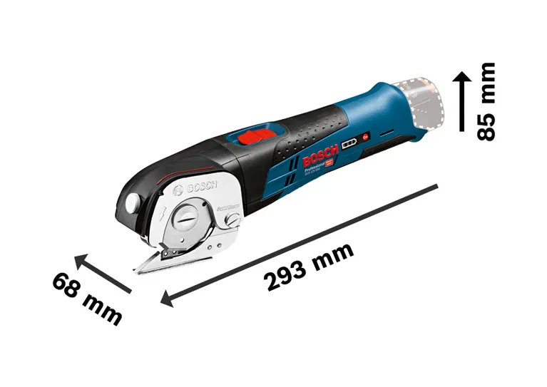 Tijeras universales a batería Bosch GUS 12V-300 con dimensiones.