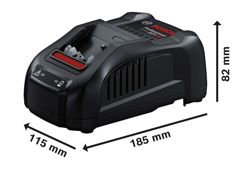 Cargador de batería Bosch GAL 1880 CV con dimensiones mostradas.