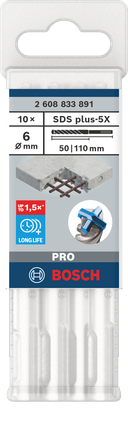Brocas para taladro percutor Bosch PRO SDS plus-5X de 6 mm, paquete de 10 unidades.
