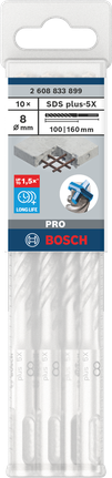 Paquete de 5 brocas para taladro percutor Bosch PRO SDS plus de 8x100x160 mm.