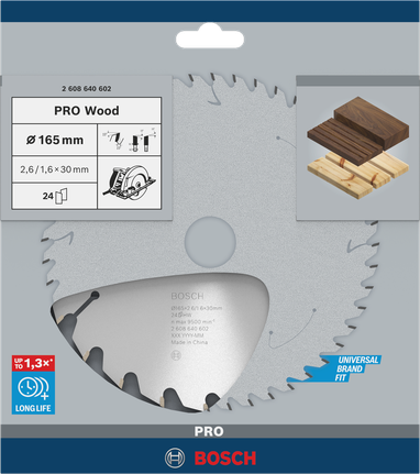 Hoja de sierra circular Bosch PRO Wood 165×2,6×30 mm T24.
