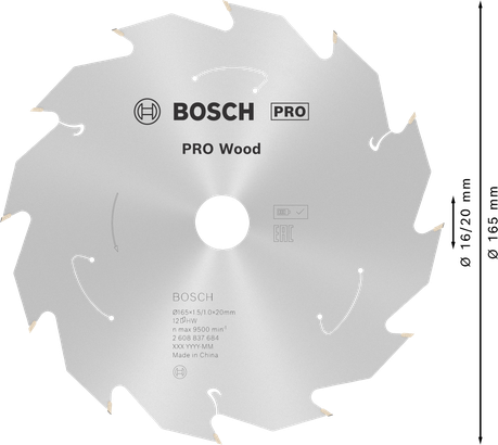 Hoja de sierra circular Bosch PRO Wood 165 mm, 12 dientes.