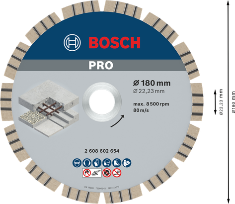 Disco de diamante para hormigón Bosch PRO, hoja segmentada de 180 mm.