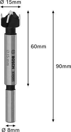 Broca para cortar bisagras de madera laminada Bosch EXPERT, 15 mm de diámetro.