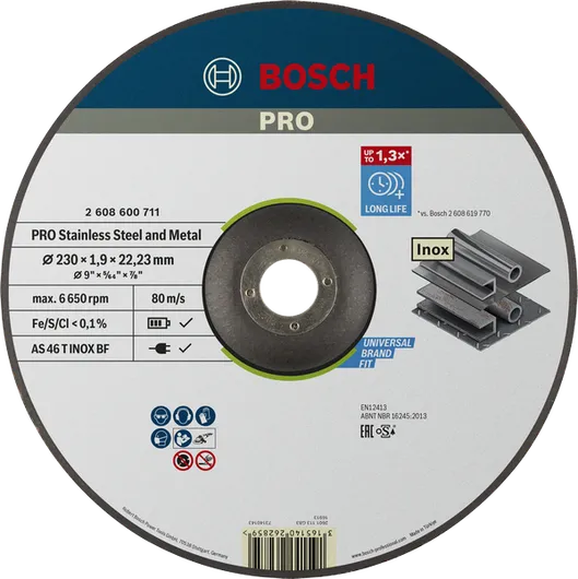 Disco de corte Bosch PRO para acero inoxidable y metal, 230 mm.