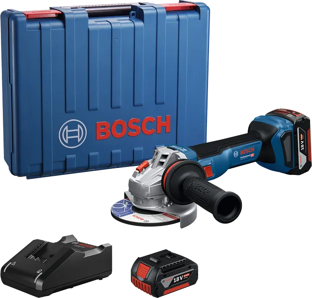 Amoladora angular Bosch GWS 18V-11 con maletín, batería y cargador.