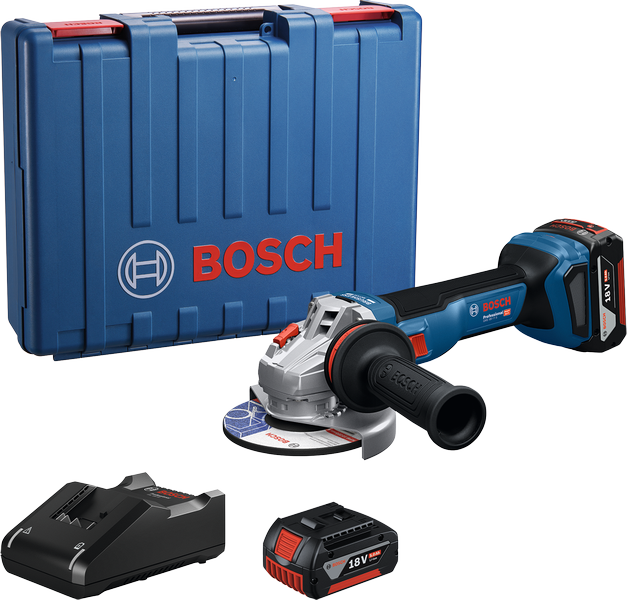 Amoladora angular Bosch GWS 18V-11 con maletín, batería y cargador.