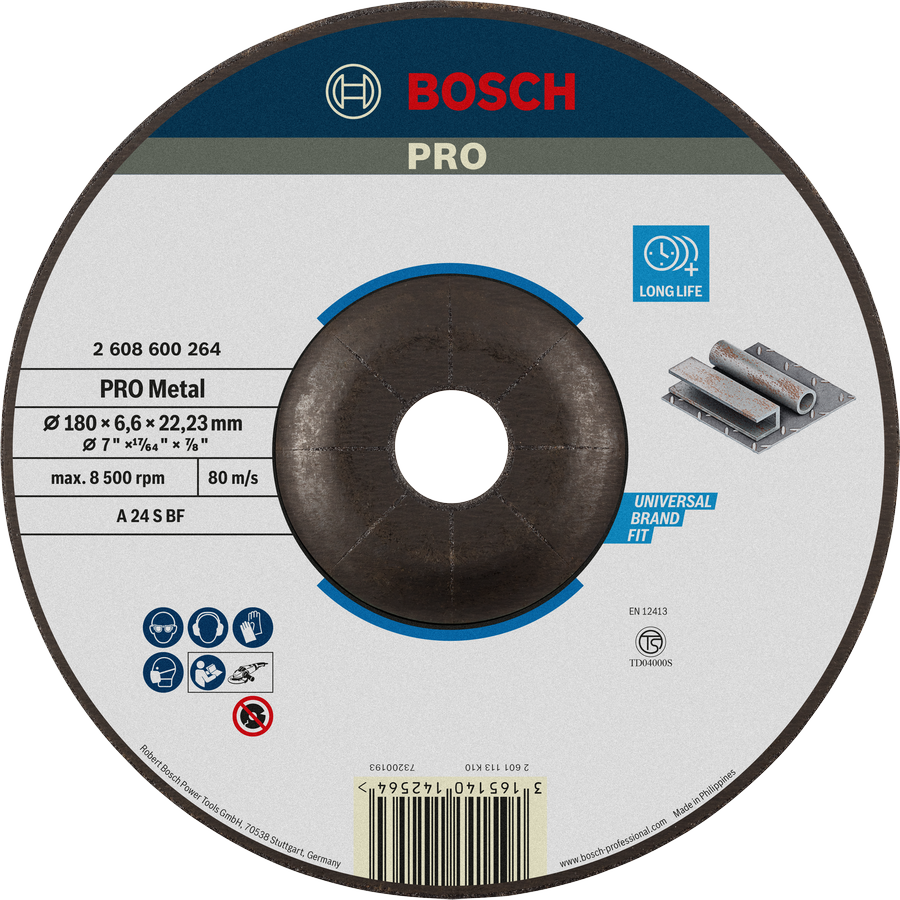 Disco de desbaste para metal Bosch PRO A 24 S BF, 180 mm, larga duración.
