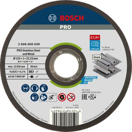 Disco de corte de acero inoxidable y metal Bosch PRO de 125 mm.