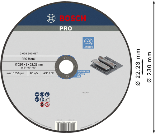 Disco de corte de metal Bosch PRO 230 x 3 x 22,23 mm.