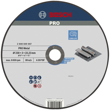 Disco de corte de metal Bosch PRO de 230 mm para una larga vida útil.
