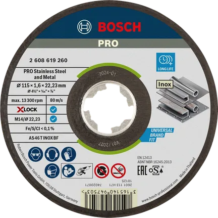 Disco de corte de acero inoxidable Bosch PRO, X-Lock 115 mm.