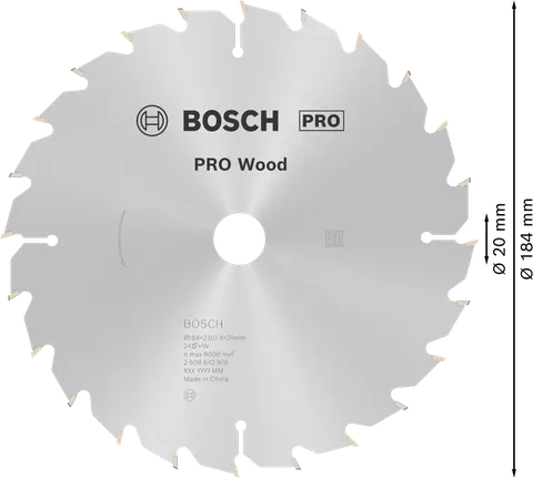 Hoja de sierra circular Bosch PRO Wood, diámetro 184 mm.