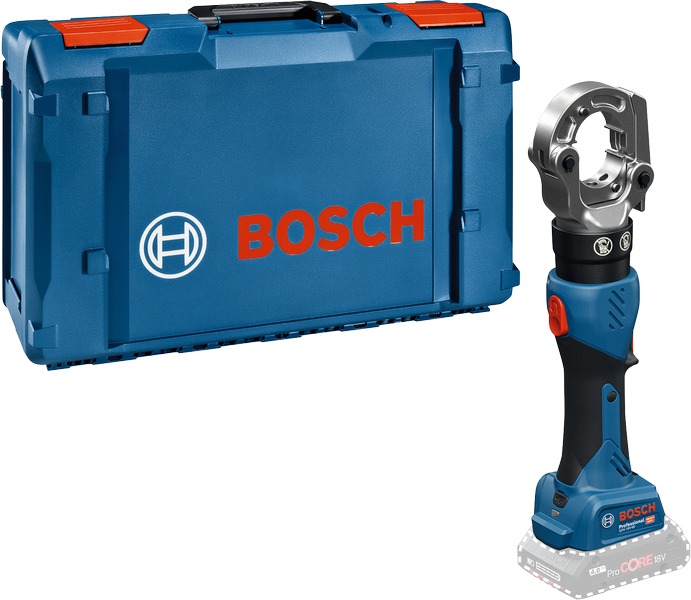 Herramienta de prensado inalámbrica Bosch con estuche de transporte.