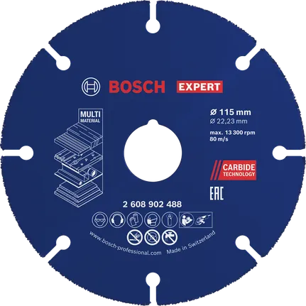 Disco de corte de carburo multimaterial Bosch EXPERT de 115 mm.