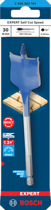 Broca de pala autoajustable Bosch EXPERT de 30 mm para taladrar madera rápidamente.