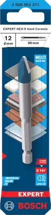 Broca de cerámica dura Bosch EXPERT HEX-9 de 12 x 90 mm.