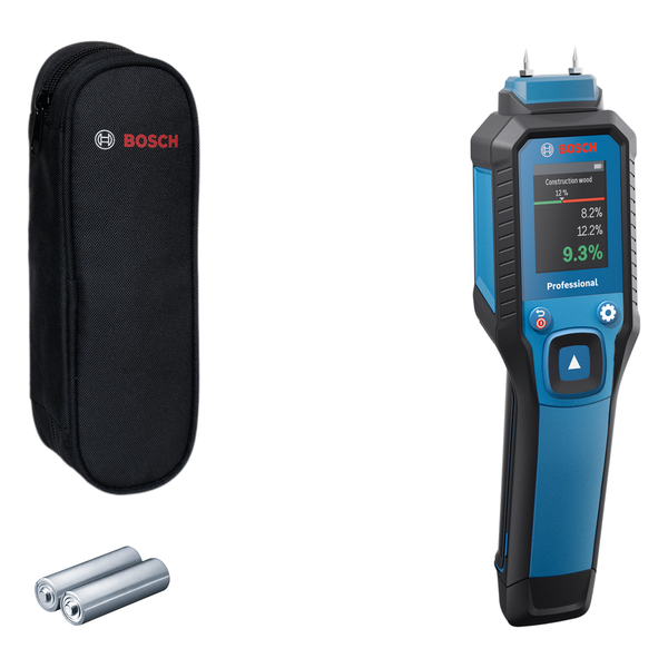 Medidor de humedad Bosch con pantalla LCD y estuche de transporte.