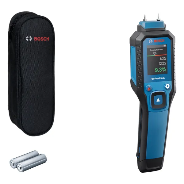 Medidor de humedad Bosch con pantalla LCD y estuche de transporte.