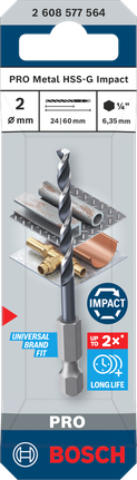 Broca helicoidal de impacto Bosch PRO Metal HSS-G de 2 mm para metal.