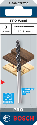 Broca Bosch PRO de 3 mm para madera con punta de centrado, para perforaciones precisas en madera.