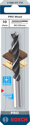Broca Bosch PRO Wood Brad Point de 10 mm para taladrar madera con precisión.