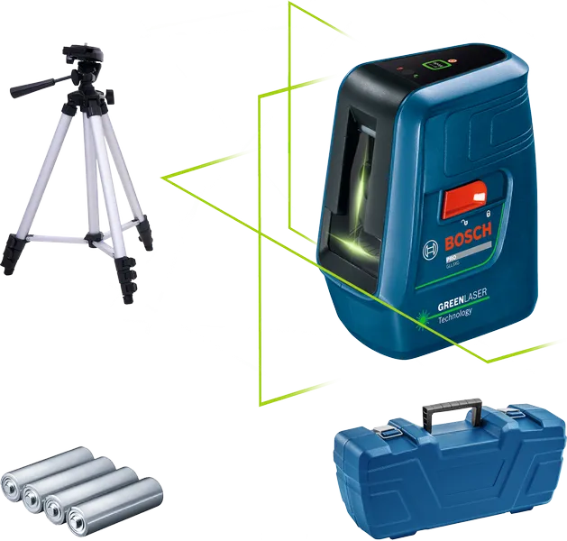 Herramienta niveladora láser Bosch GLL 3XG con trípode y estuche.