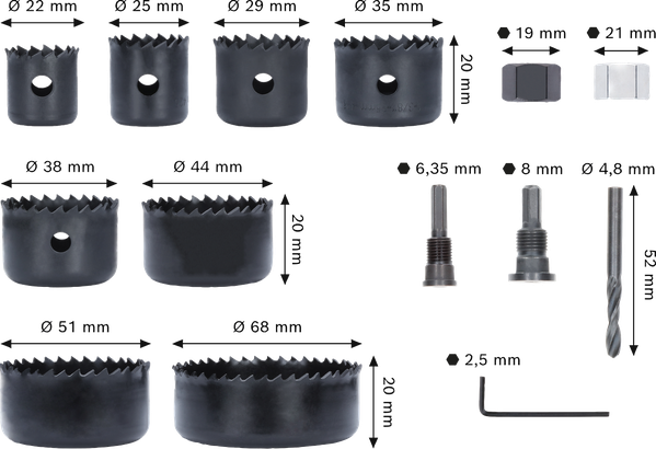Juego de sierras de copa con eje para madera y drywall 